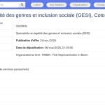 Spécialiste Genre et Inclusion Sociale (GESI) – PNA Bénin