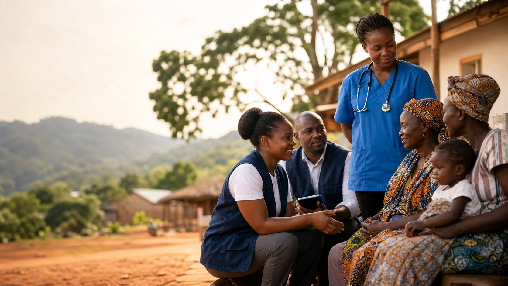 Actualité OMS — Région africaine : illustration éditoriale liée à L'OMS et le Ghana Health Service visitent la région d'Ahafo pour faire avancer les priorités de santé
