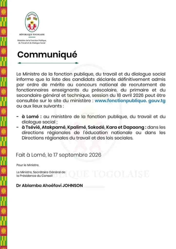 Togo / Concours de recrutement des enseignants : la liste définitive de la session du 18 avril 2026 connue
