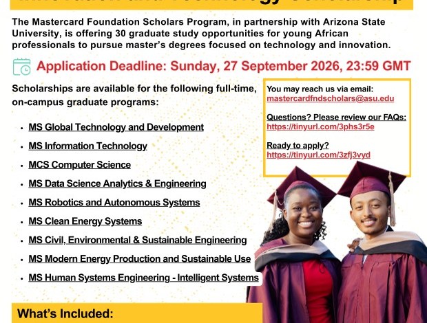 Bourse Mastercard Foundation ASU 2026 : Master Afrique – 25 octobre 2026