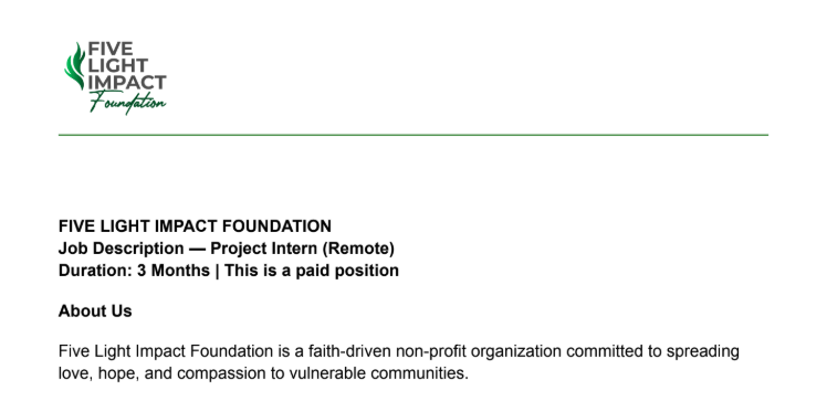 Stage Projet – Five Light Impact Foundation (Télétravail) – 14 octobre 2026