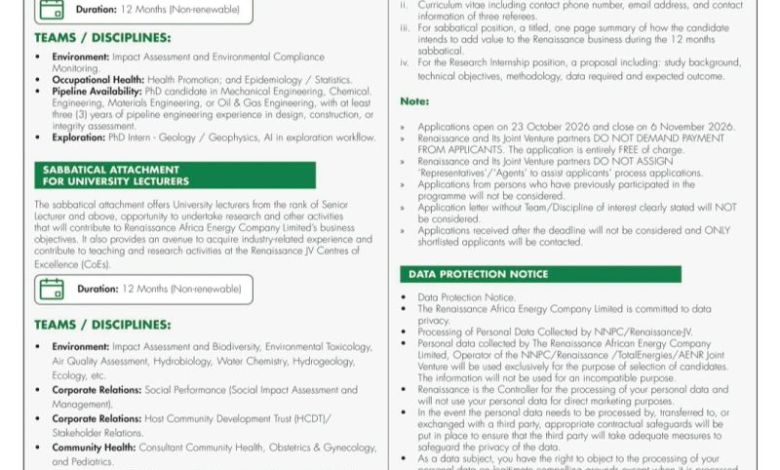 2027 NNPC/Renaissance JV Research & Sabbatical Programme – 25 octobre 2026
